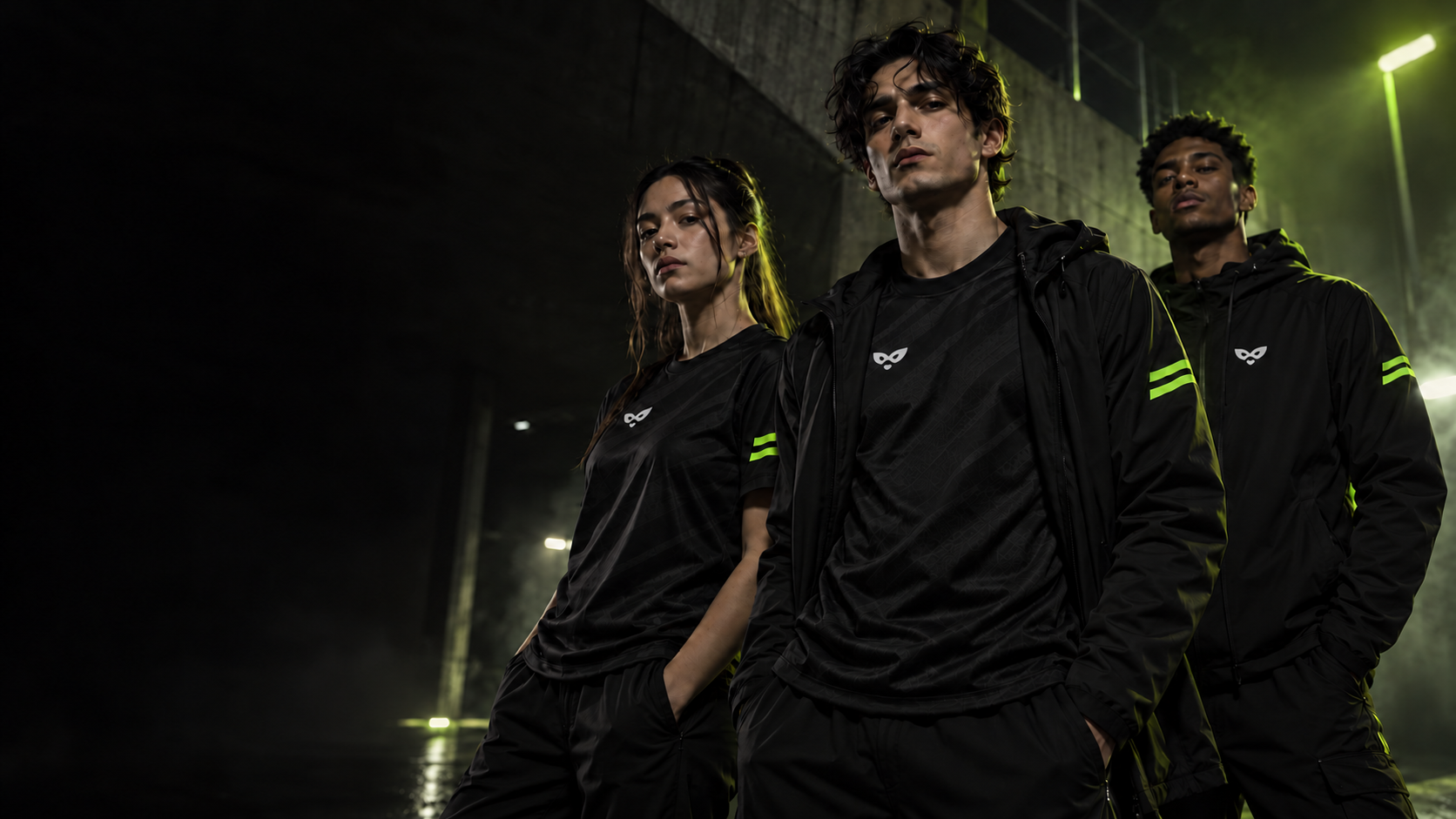 RAKOON campaign concept: three athletes in black and lime teamwear
