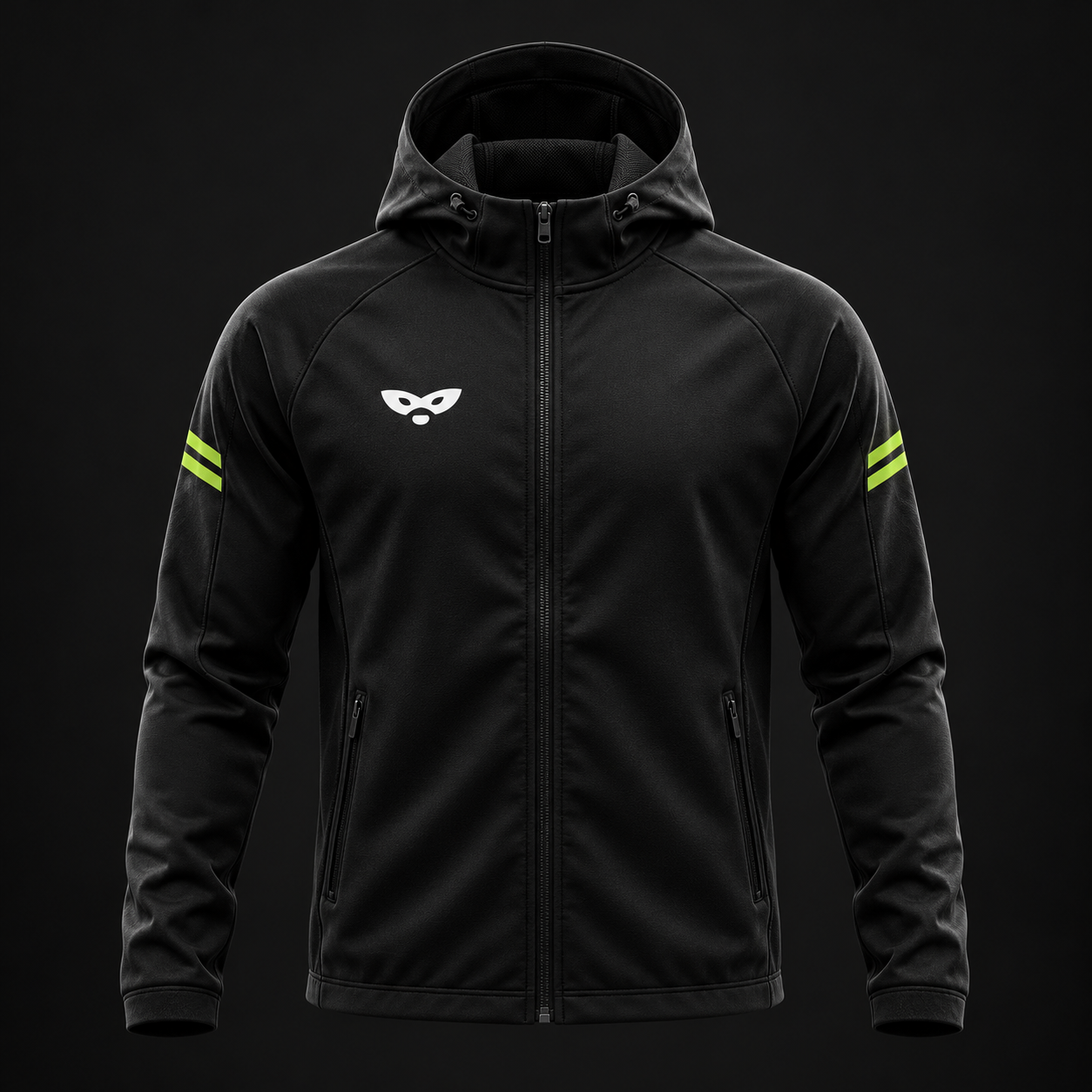 Black RAKOON zip hoodie, white mark on the wearer’s right chest and lime sleeve stripes — design concept