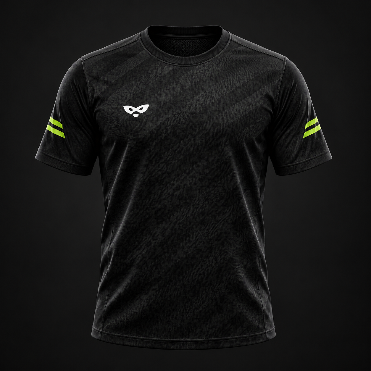 Black RAKOON jersey, white mark on the wearer’s right chest and lime sleeve stripes — design concept